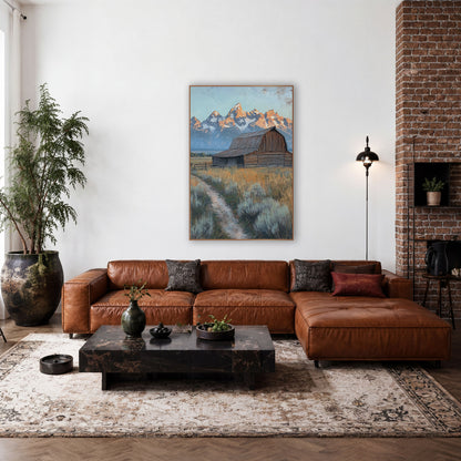 Old Barn Teton Peaks Western wall art in a rustic western-style room – weathered wooden barn in a golden field