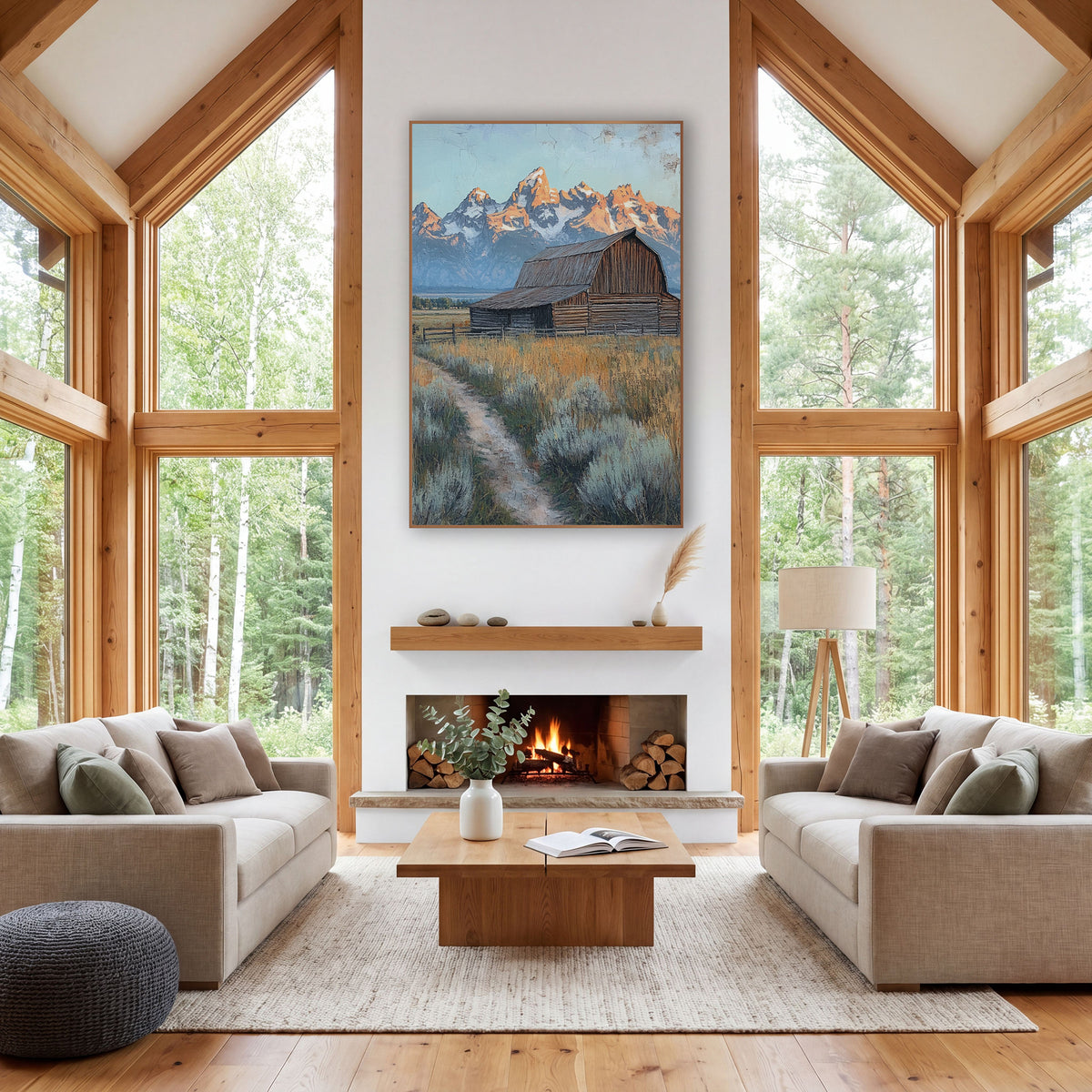 Old Barn Teton Peaks Western wall art in a rustic western-style room – weathered wooden barn in a golden field