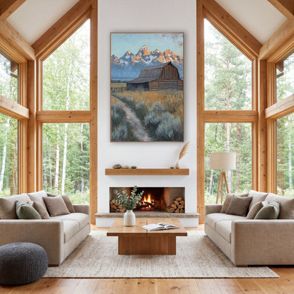 Old Barn Teton Peaks Western wall art in a rustic western-style room – weathered wooden barn in a golden field