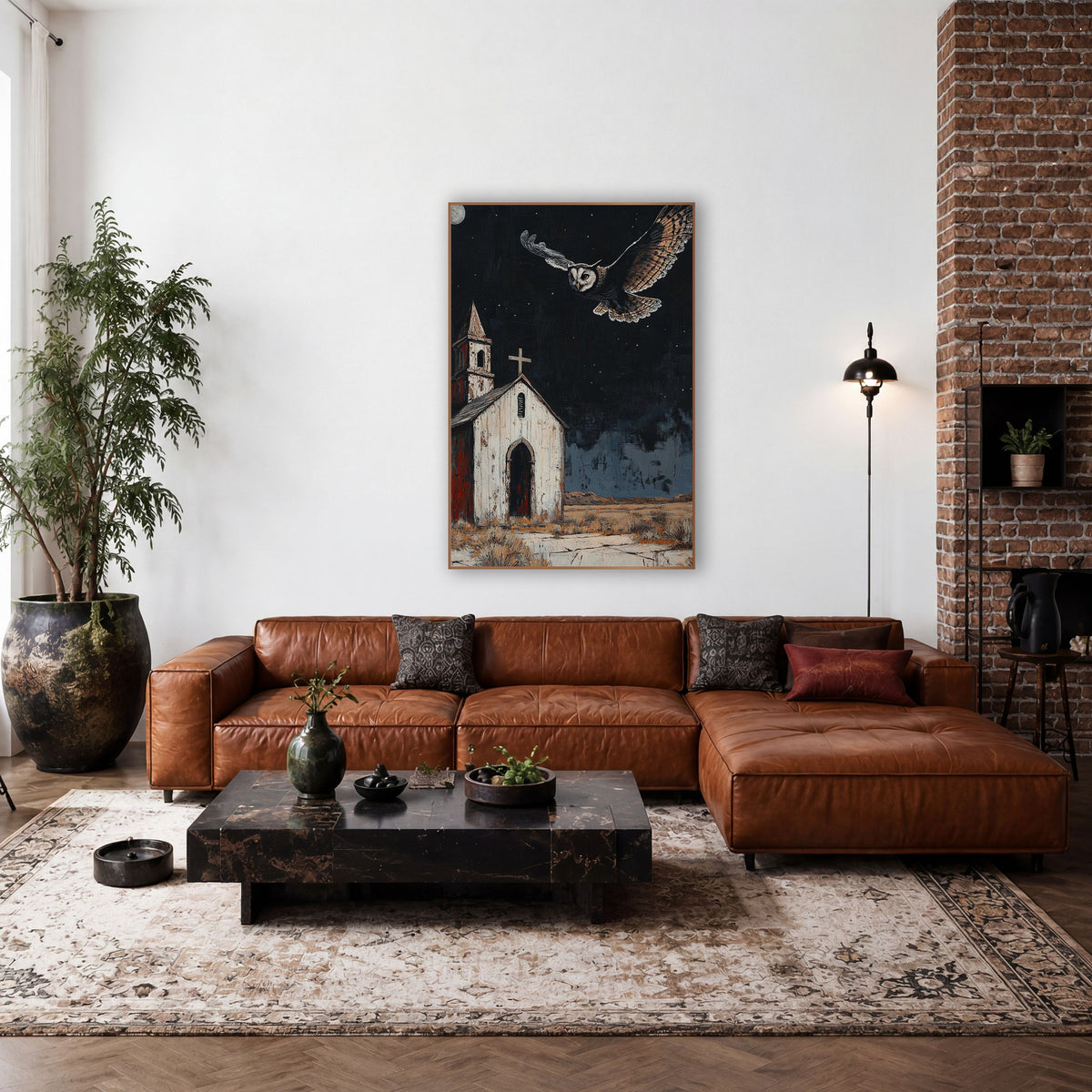 Moonlit Owl Desert Chapel Western wall art in a rustic western-style room – owl with wings spread flying