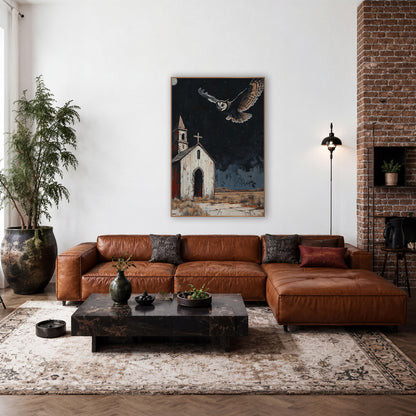 Moonlit Owl Desert Chapel Western wall art in a rustic western-style room – owl with wings spread flying