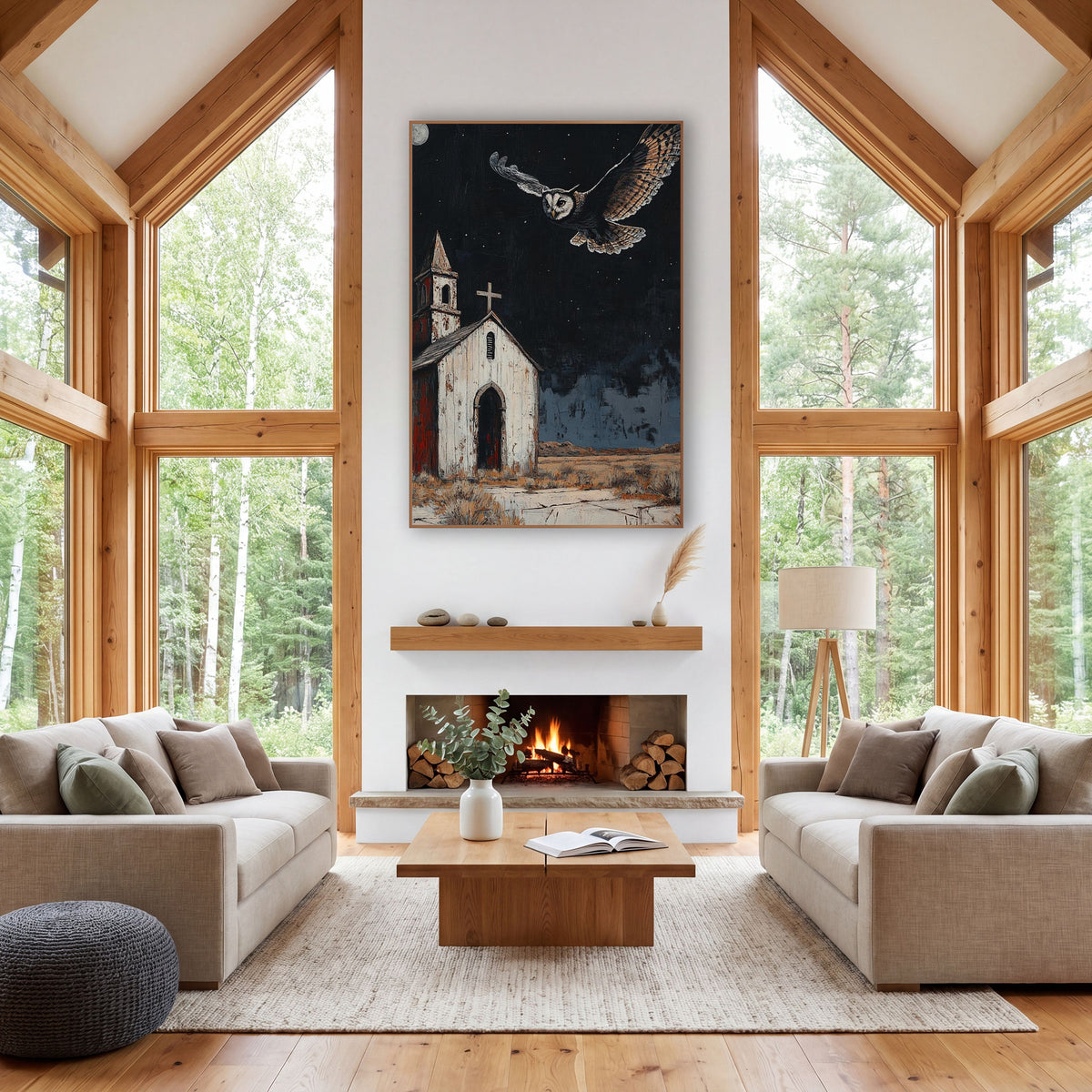 Moonlit Owl Desert Chapel Western wall art in a rustic western-style room – owl with wings spread flying