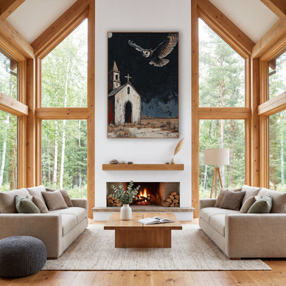 Moonlit Owl Desert Chapel Western wall art in a rustic western-style room – owl with wings spread flying