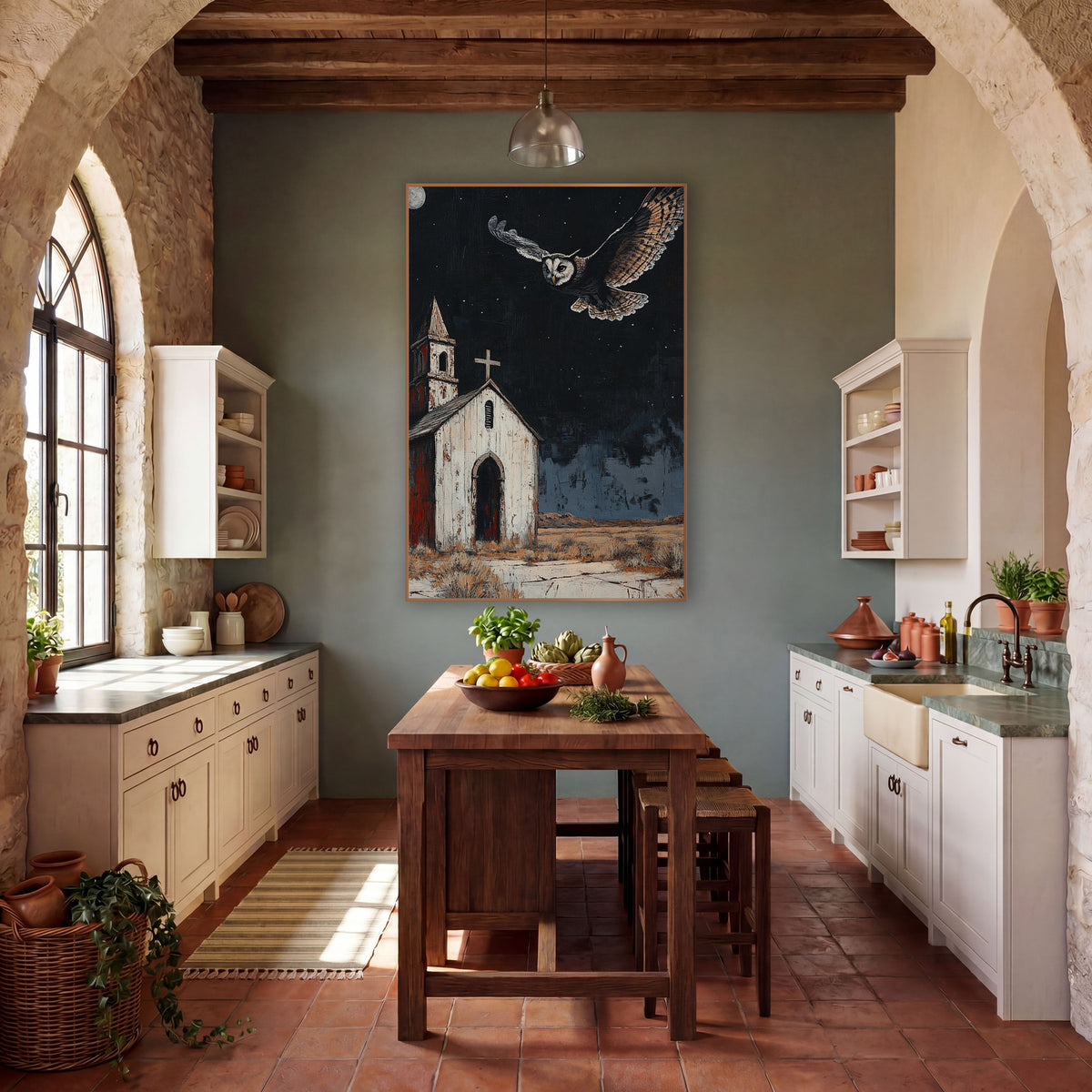 Moonlit Owl Desert Chapel Western wall art in a rustic western-style room – owl with wings spread flying