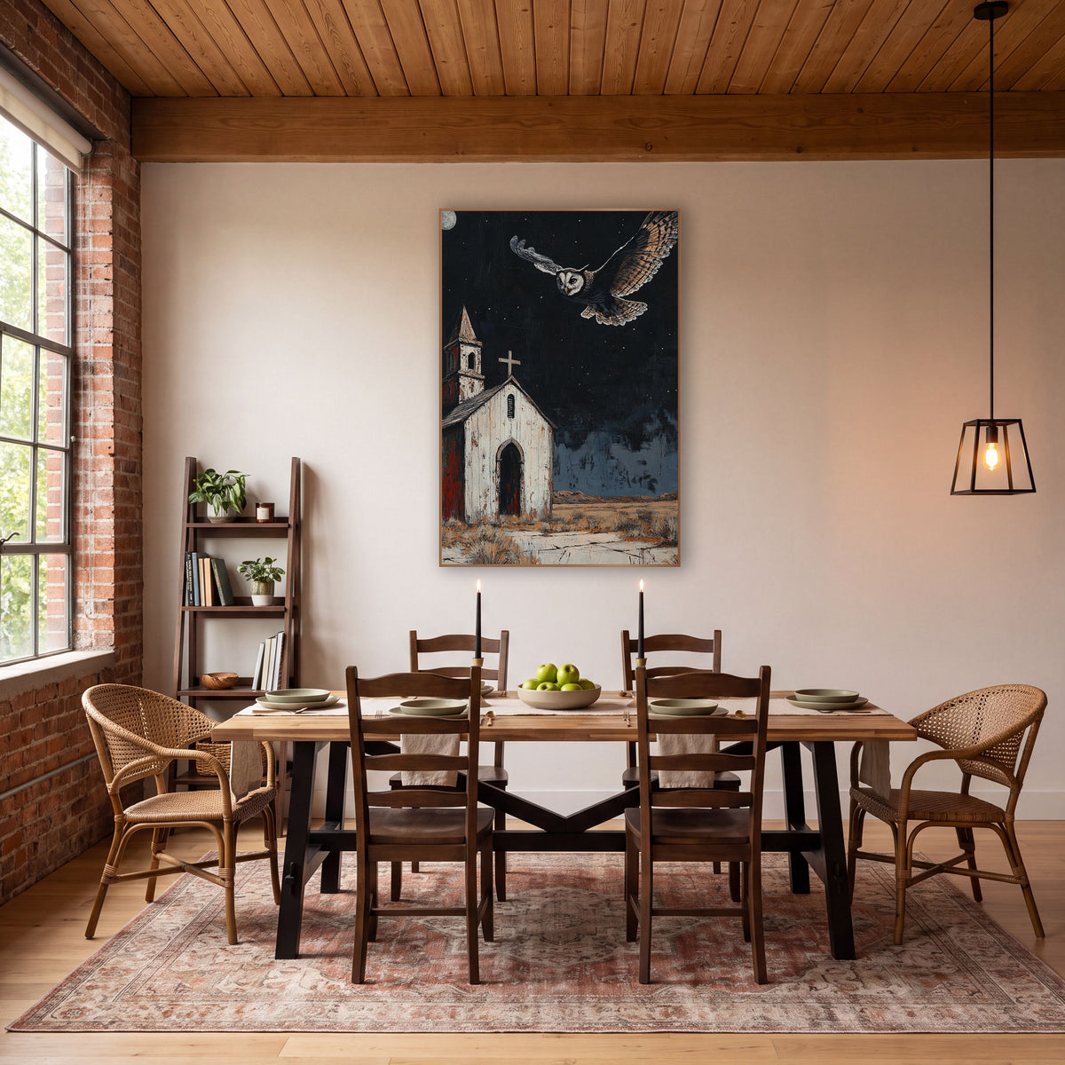 Moonlit Owl Desert Chapel Western wall art in a rustic western-style room – owl with wings spread flying