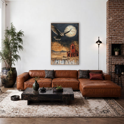 Flying Owl Desert Chapel Western wall art in a rustic western-style room – owl in flight beside a pale cracked moon