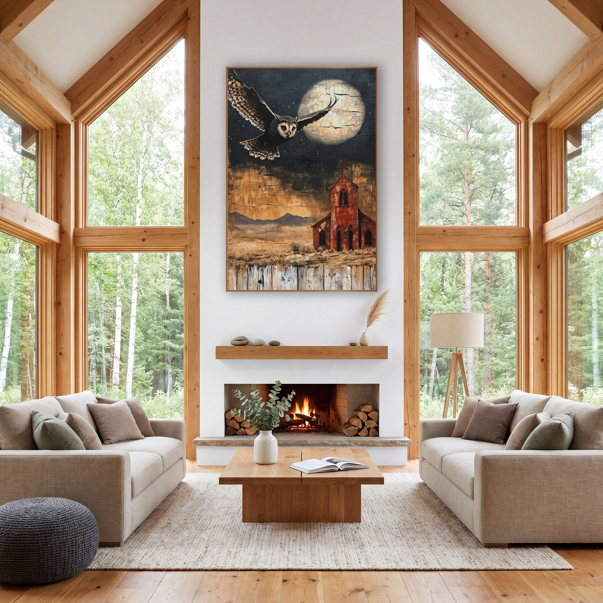 Flying Owl Desert Chapel Western wall art in a rustic western-style room – owl in flight beside a pale cracked moon
