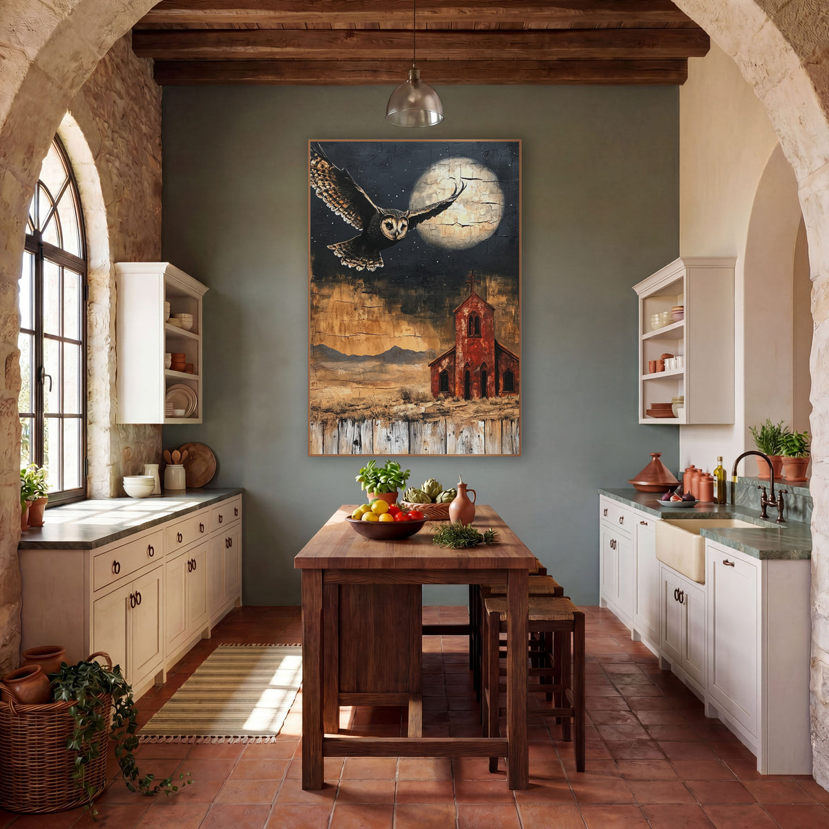 Flying Owl Desert Chapel Western wall art in a rustic western-style room – owl in flight beside a pale cracked moon