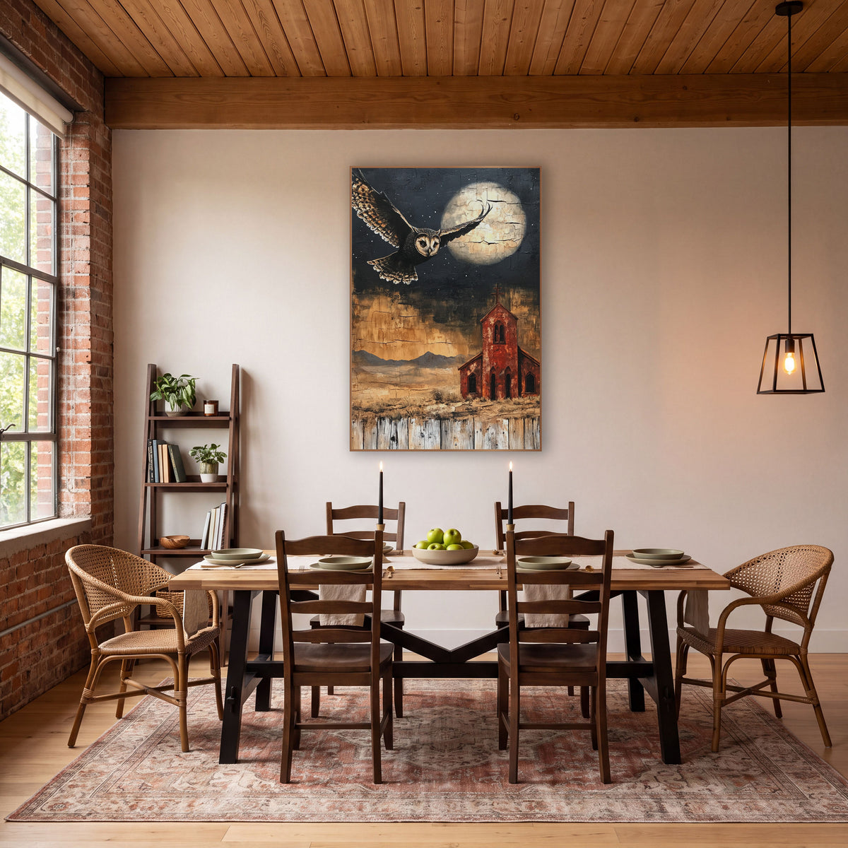 Flying Owl Desert Chapel Western wall art in a rustic western-style room – owl in flight beside a pale cracked moon