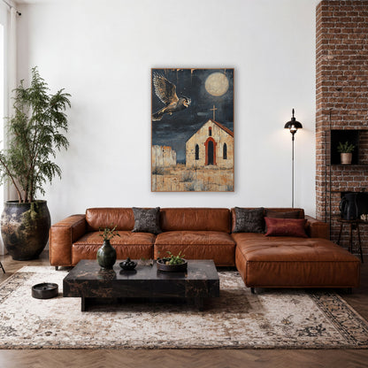 Horned Owl Moonlit Chapel Western wall art in a rustic western-style room – horned owl flying under a full moon above