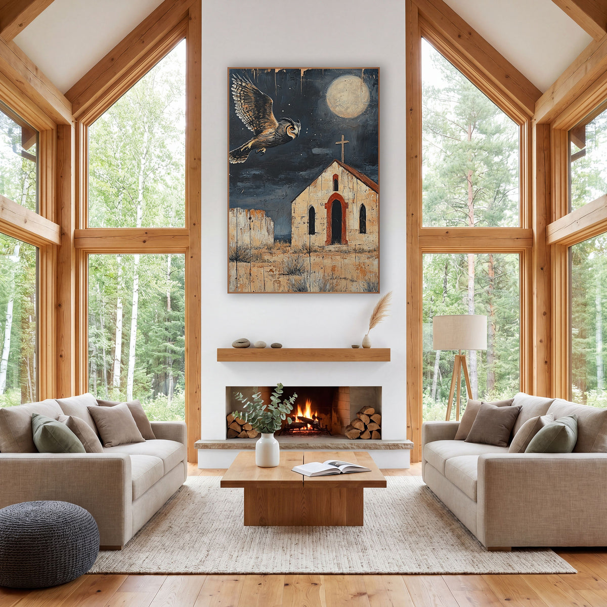 Horned Owl Moonlit Chapel Western wall art in a rustic western-style room – horned owl flying under a full moon above