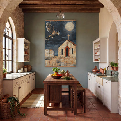 Horned Owl Moonlit Chapel Western wall art in a rustic western-style room – horned owl flying under a full moon above