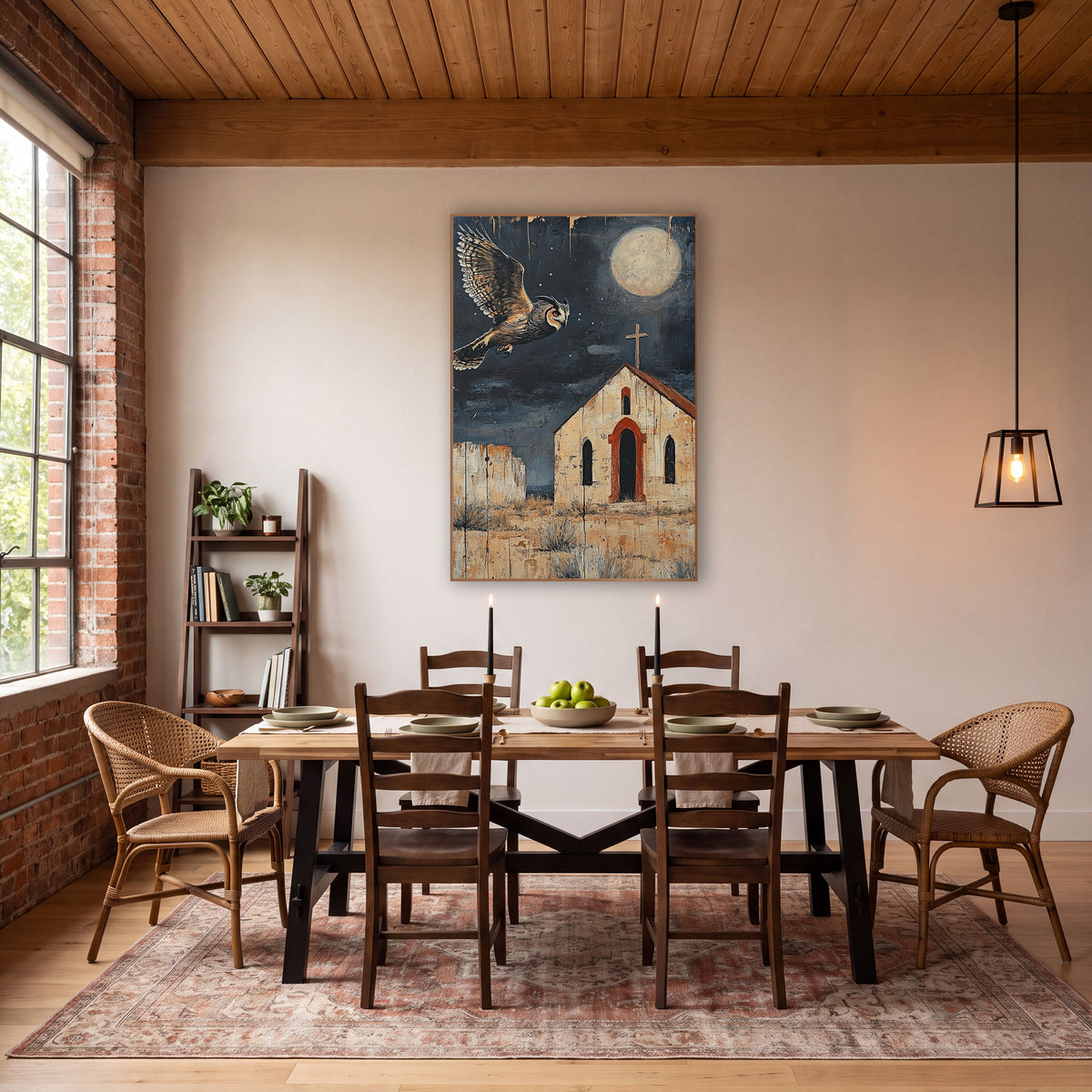 Horned Owl Moonlit Chapel Western wall art in a rustic western-style room – horned owl flying under a full moon above