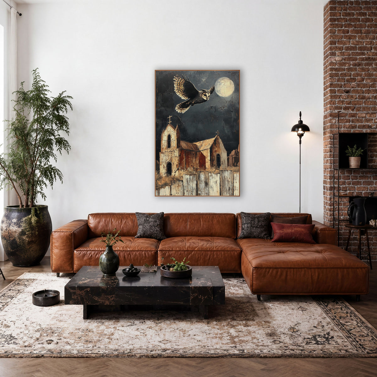 Moonlit Owl Chapel Southwestern Decor wall art in a rustic western-style room – owl with spread wings flying