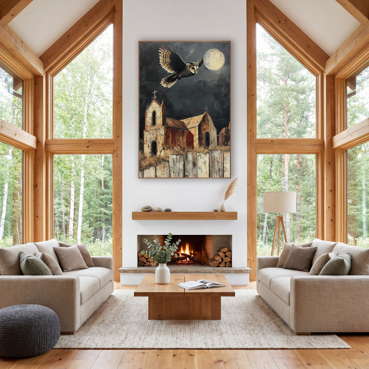 Moonlit Owl Chapel Southwestern Decor wall art in a rustic western-style room – owl with spread wings flying