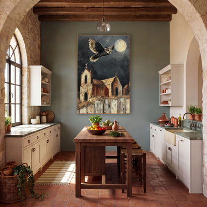 Moonlit Owl Chapel Southwestern Decor wall art in a rustic western-style room – owl with spread wings flying