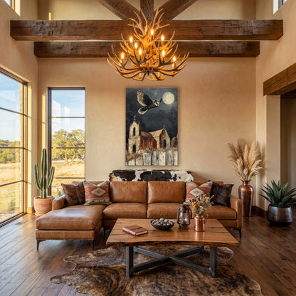 Moonlit Owl Chapel Southwestern Decor wall art in a rustic western-style room – owl with spread wings flying