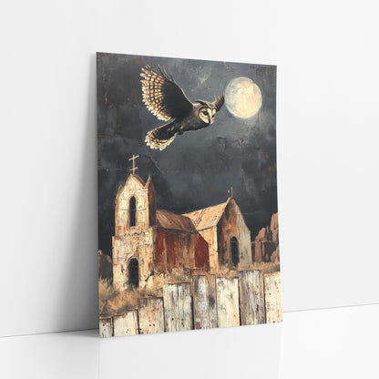 Moonlit Owl Chapel Southwestern Decor art print leaning against a white wall – owl with spread wings flying under a full moon
