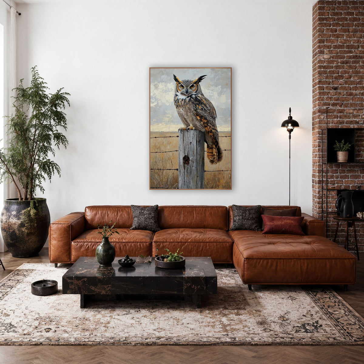 Great Horned Owl Fence Post Western wall art in a rustic western-style room – great horned owl with orange eyes
