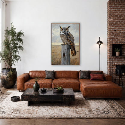 Great Horned Owl Fence Post Western wall art in a rustic western-style room – great horned owl with orange eyes
