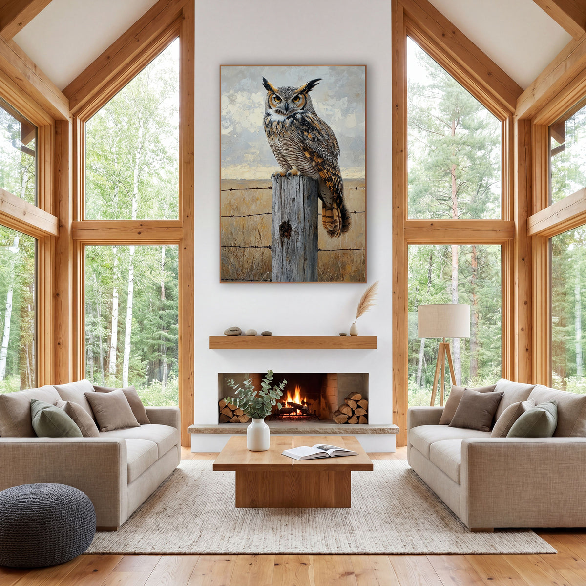 Great Horned Owl Fence Post Western wall art in a rustic western-style room – great horned owl with orange eyes