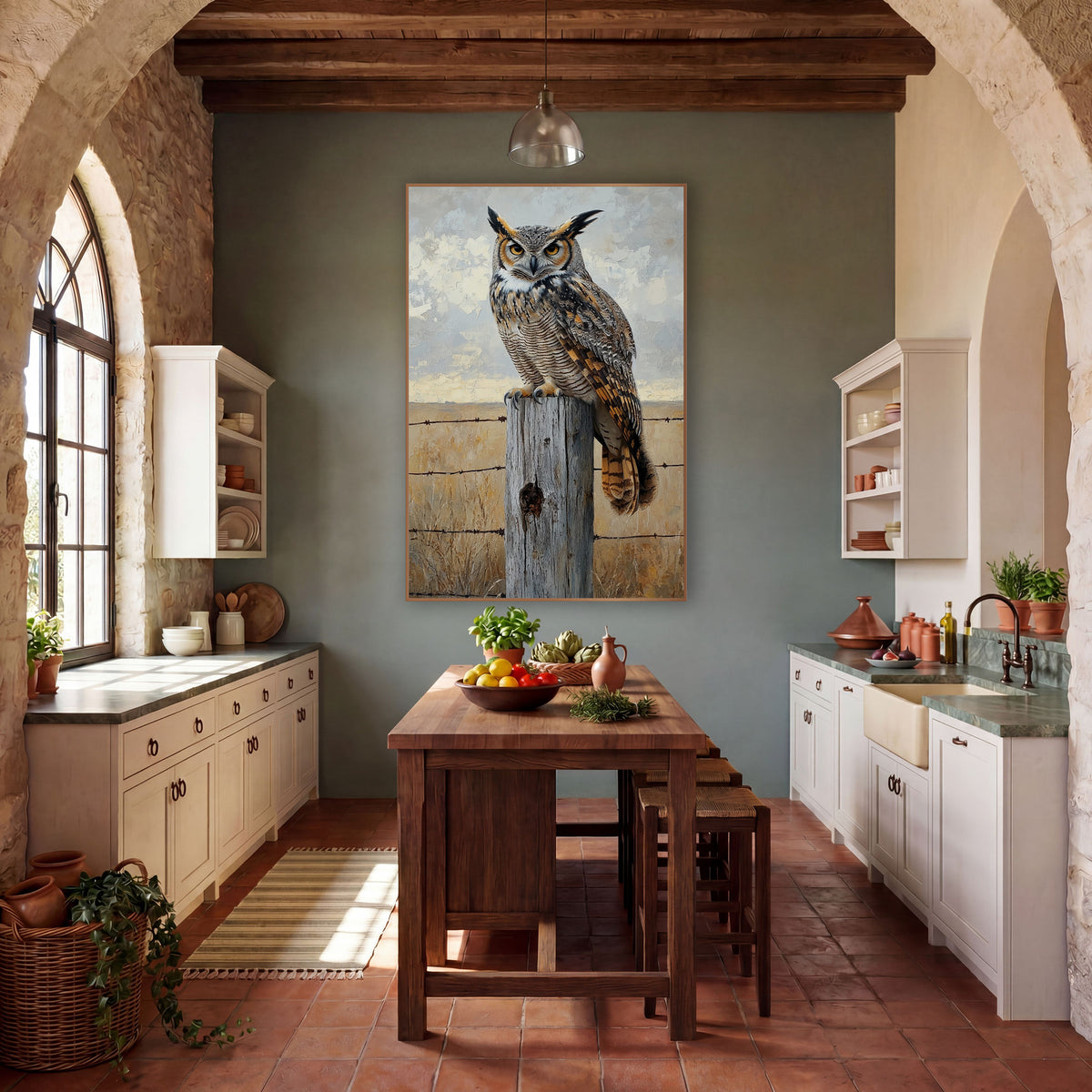 Great Horned Owl Fence Post Western wall art in a rustic western-style room – great horned owl with orange eyes