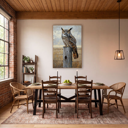 Great Horned Owl Fence Post Western wall art in a rustic western-style room – great horned owl with orange eyes
