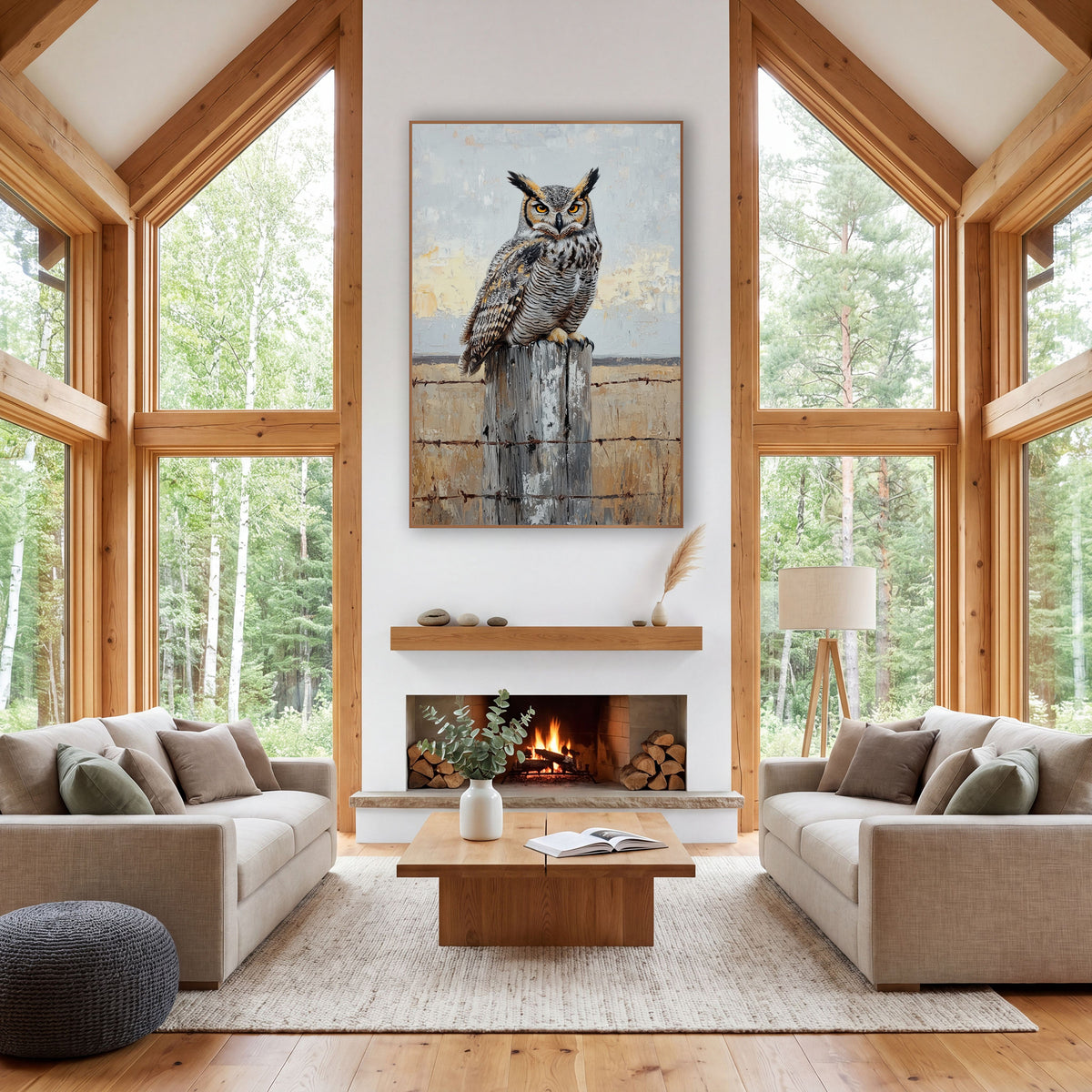 Pale Dawn Owl Palette Knife wall art in a rustic western-style room – great horned owl with orange eyes perched