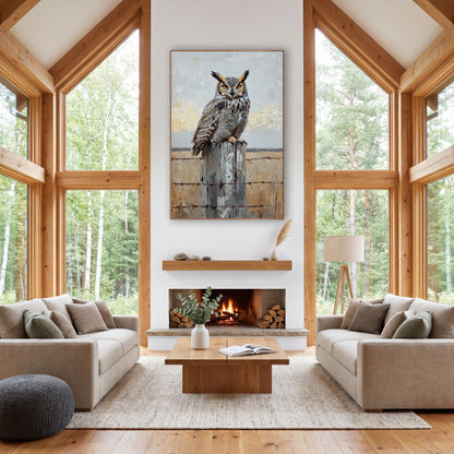 Pale Dawn Owl Palette Knife wall art in a rustic western-style room – great horned owl with orange eyes perched