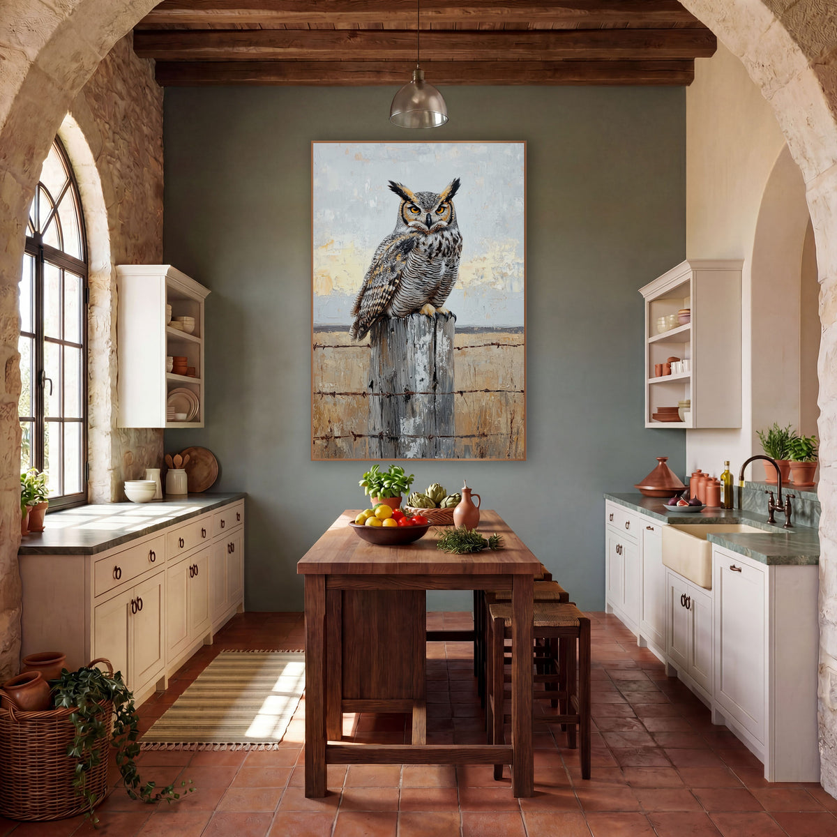 Pale Dawn Owl Palette Knife wall art in a rustic western-style room – great horned owl with orange eyes perched
