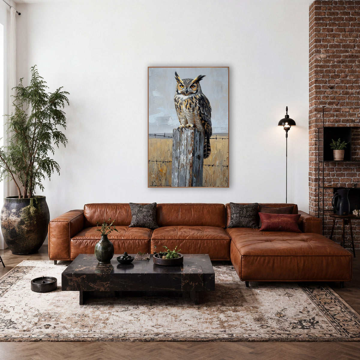 Horned Owl Fence Post Western wall art in a rustic western-style room – great horned owl with amber eyes perched