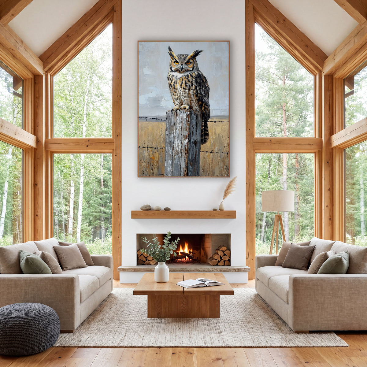 Horned Owl Fence Post Western wall art in a rustic western-style room – great horned owl with amber eyes perched
