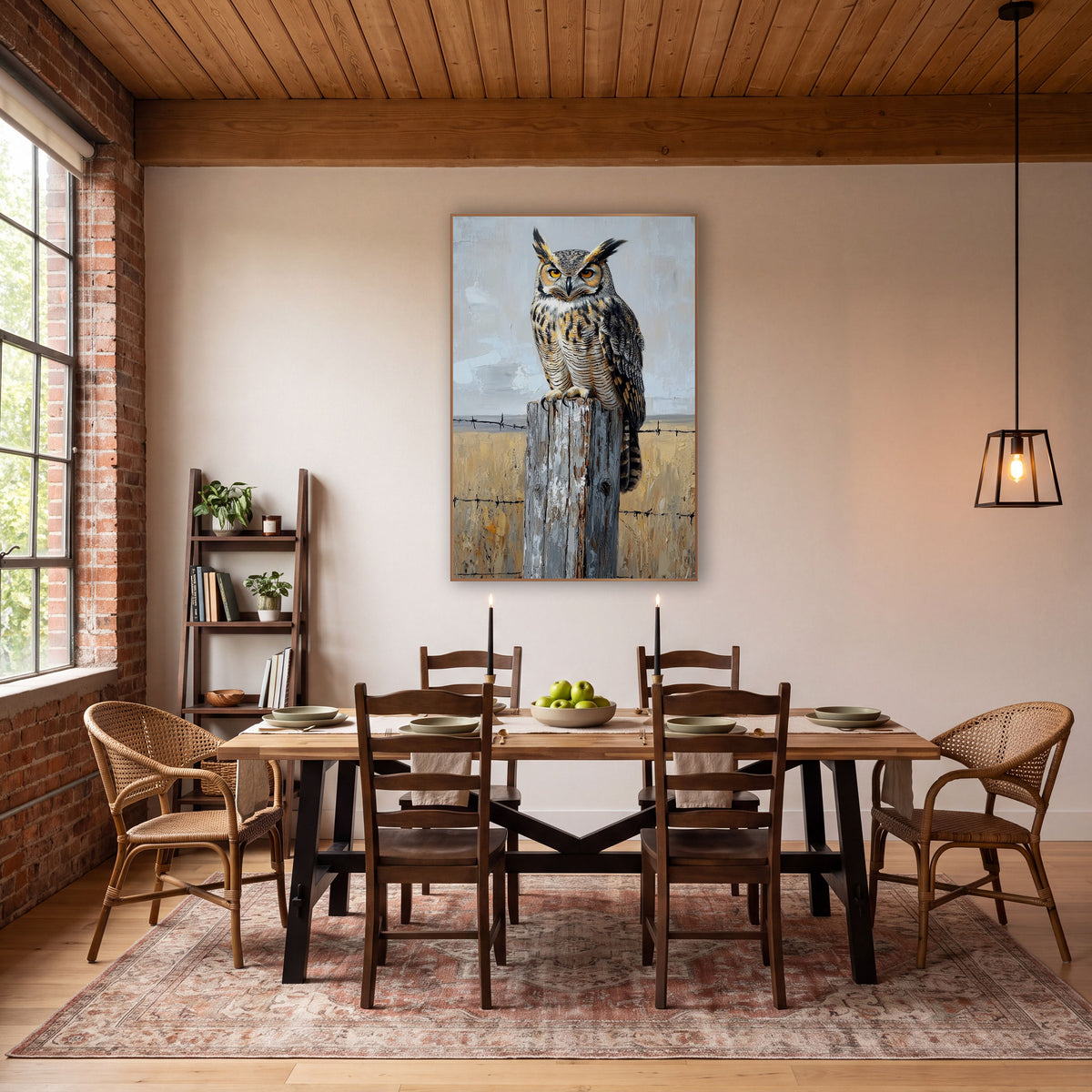 Horned Owl Fence Post Western wall art in a rustic western-style room – great horned owl with amber eyes perched