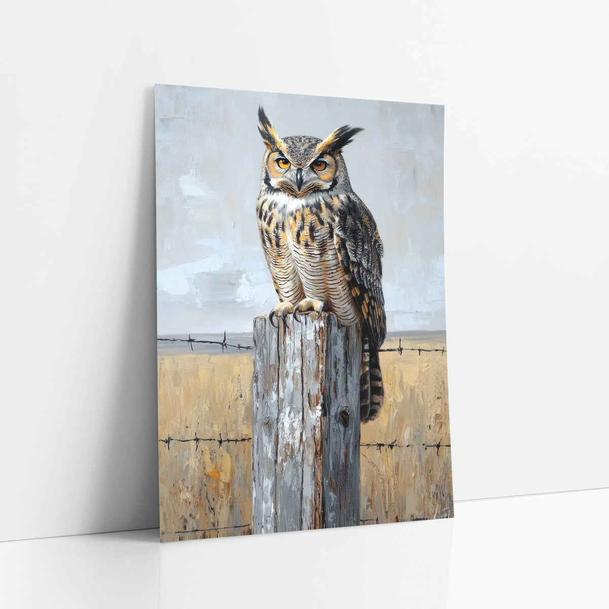 Horned Owl Fence Post Western art print leaning against a white wall – great horned owl with amber eyes perched