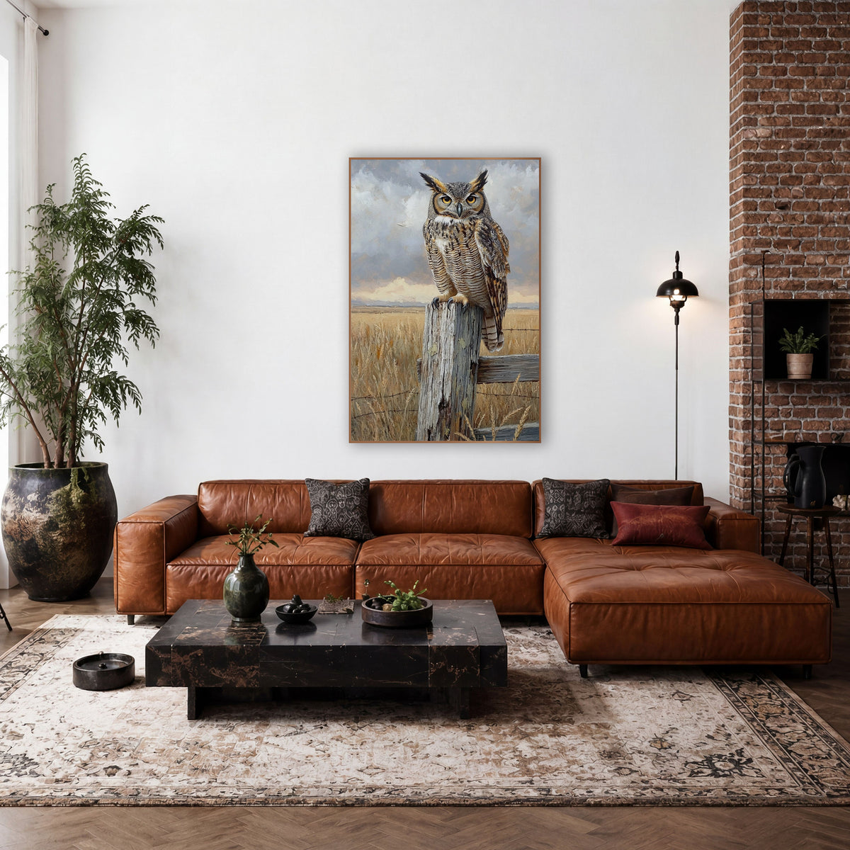 Golden Prairie Rail Fence Owl wall art in a rustic western-style room – great horned owl with amber eyes perched