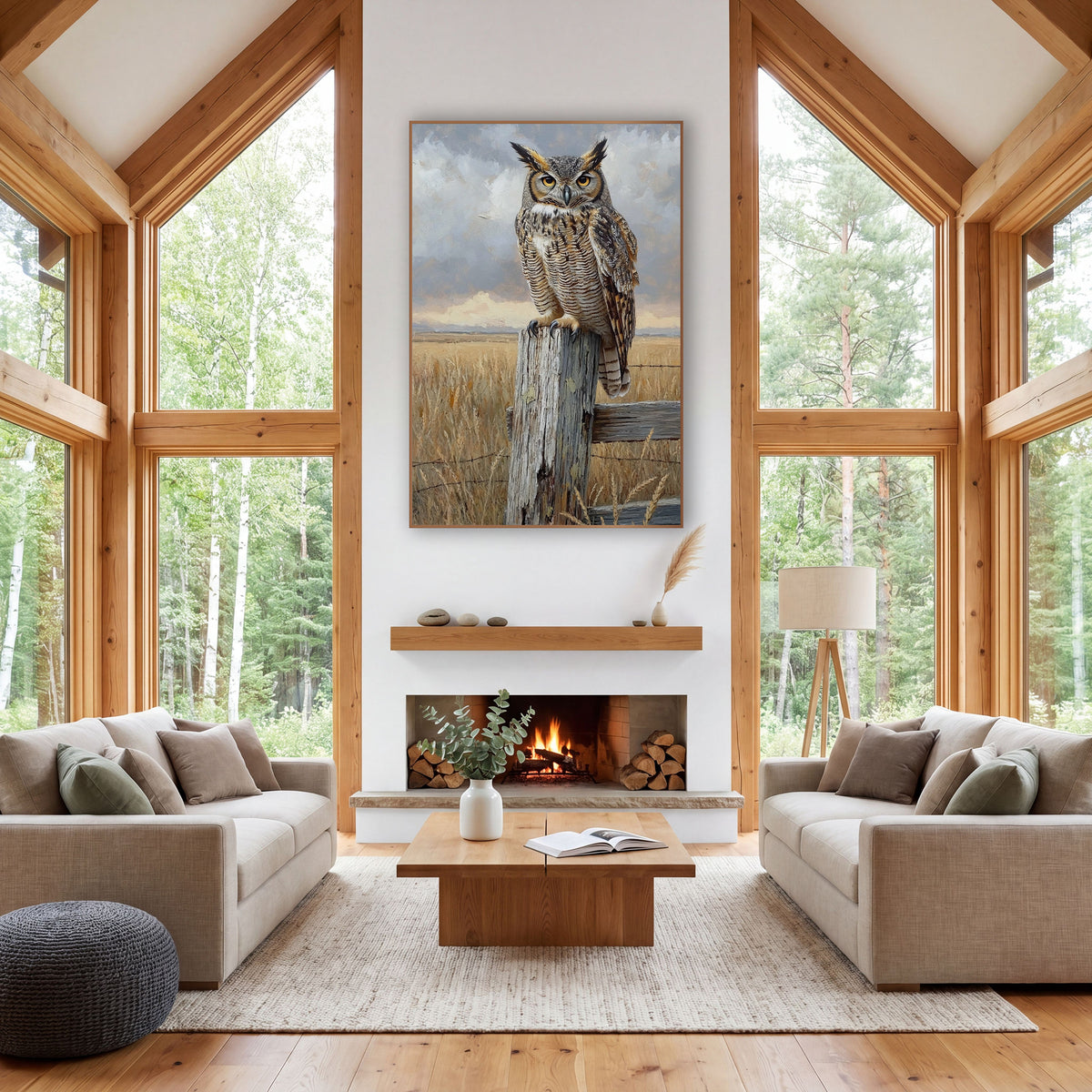 Golden Prairie Rail Fence Owl wall art in a rustic western-style room – great horned owl with amber eyes perched