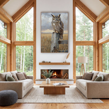 Golden Prairie Rail Fence Owl wall art in a rustic western-style room – great horned owl with amber eyes perched