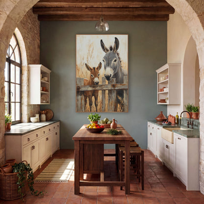 Donkey And Foal Fence Rustic wall art in a rustic western-style room – gray donkey and russet foal looking