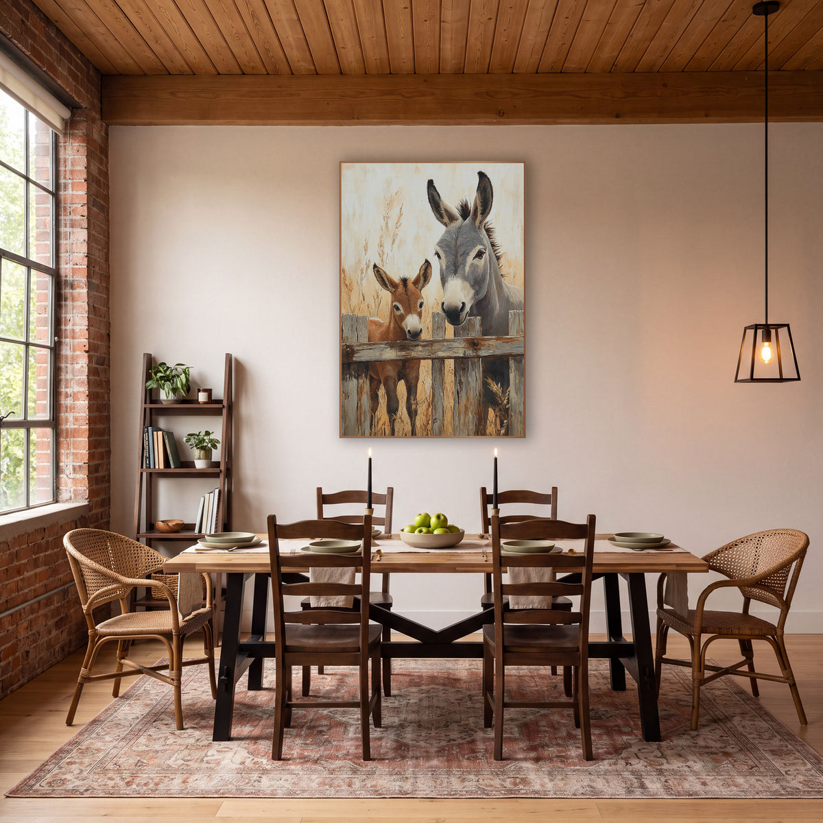 Donkey And Foal Fence Rustic wall art in a rustic western-style room – gray donkey and russet foal looking