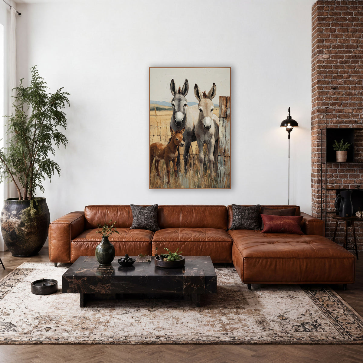 Donkey Family Ranch Western wall art in a rustic western-style room – gray donkey, pale tan donkey and reddish-brown