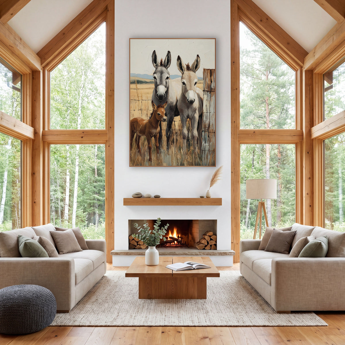 Donkey Family Ranch Western wall art in a rustic western-style room – gray donkey, pale tan donkey and reddish-brown