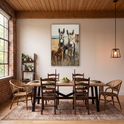 Donkey Family Ranch Western wall art in a rustic western-style room – gray donkey, pale tan donkey and reddish-brown