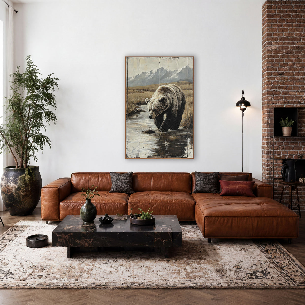 Snowcap Creek Grizzly Distressed Plank wall art in a rustic western-style room – grizzly bear wading a shallow stream