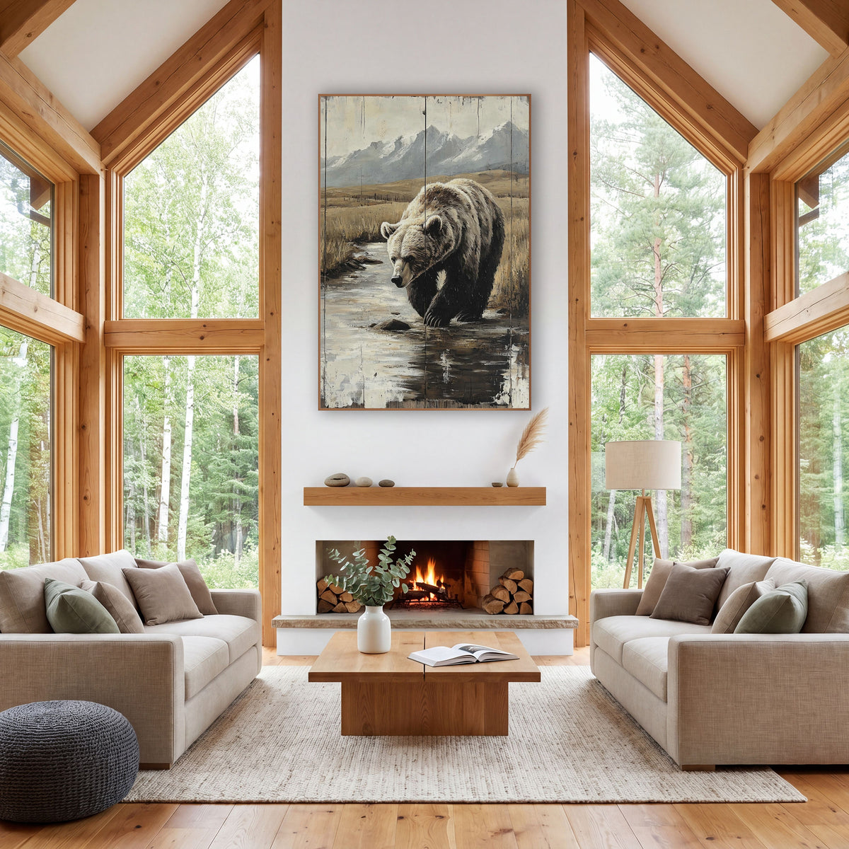 Snowcap Creek Grizzly Distressed Plank wall art in a rustic western-style room – grizzly bear wading a shallow stream
