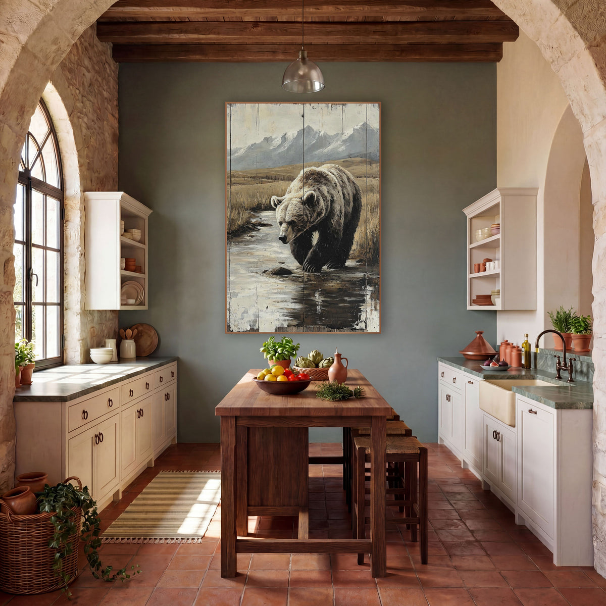 Snowcap Creek Grizzly Distressed Plank wall art in a rustic western-style room – grizzly bear wading a shallow stream