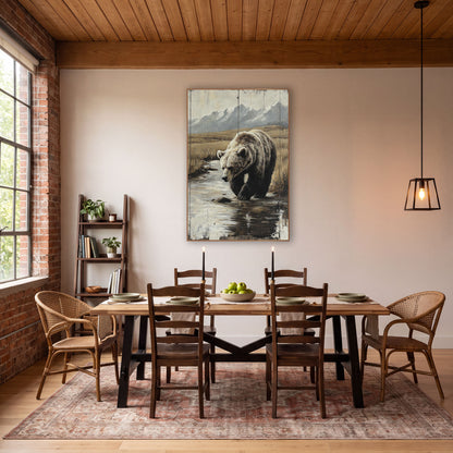 Snowcap Creek Grizzly Distressed Plank wall art in a rustic western-style room – grizzly bear wading a shallow stream