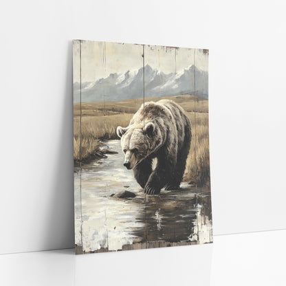 Snowcap Creek Grizzly Distressed Plank art print leaning against a white wall – grizzly bear wading a shallow stream