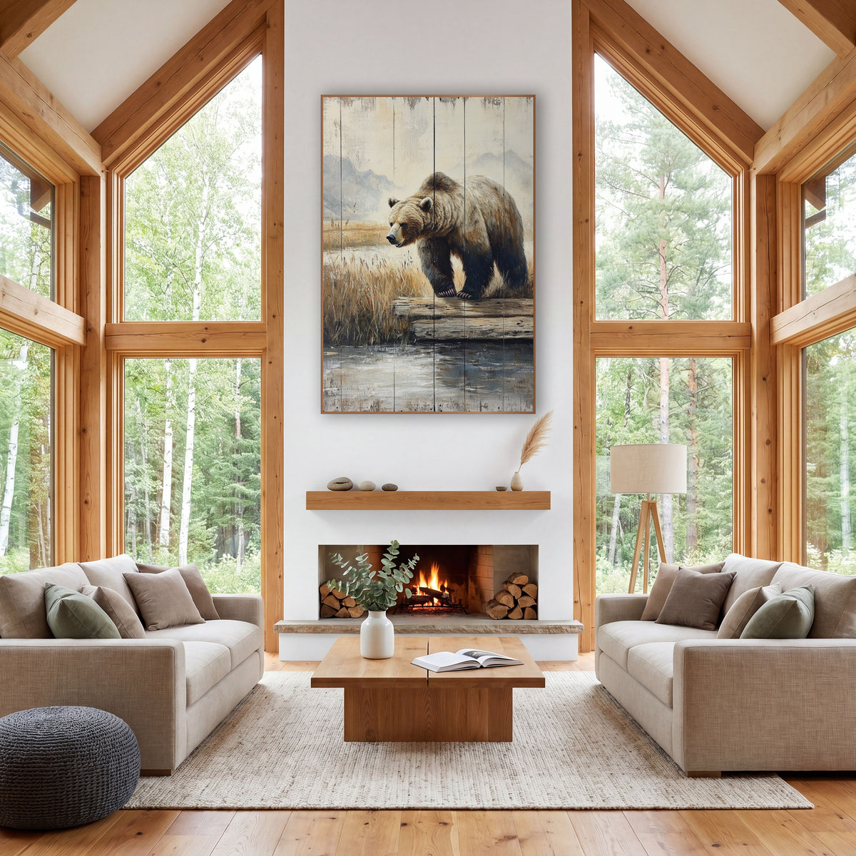 Brown Bear Mountain Meadow Western wall art in a rustic western-style room – brown bear walking across a weathered log