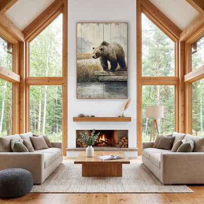 Brown Bear Mountain Meadow Western wall art in a rustic western-style room – brown bear walking across a weathered log
