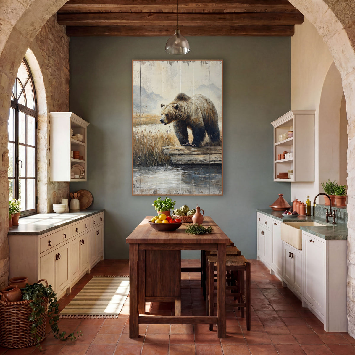 Brown Bear Mountain Meadow Western wall art in a rustic western-style room – brown bear walking across a weathered log